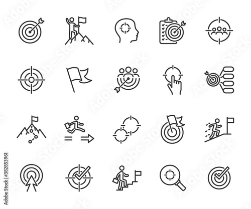 Vector set of goal line icons. Contains icons target, business goal, career, mission, team goal, success, aim, achievement and more. Pixel perfect.