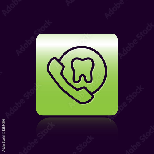Black line Online dental care icon isolated on black background. Dental service information call center. Green square button. Vector.
