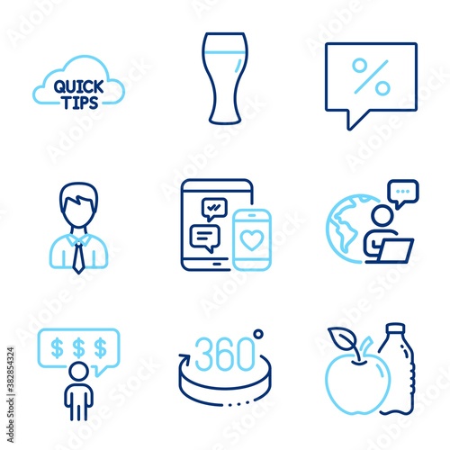 Business icons set. Included icon as 360 degrees, Social media, Quick tips signs. Beer glass, Businessman, Apple symbols. Discount message, Employee benefits line icons. Line icons set. Vector