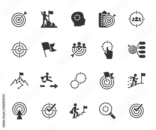Vector set of goal flat icons. Contains icons target, business goal, career, mission, team goal, success, aim, achievement and more. Pixel perfect.