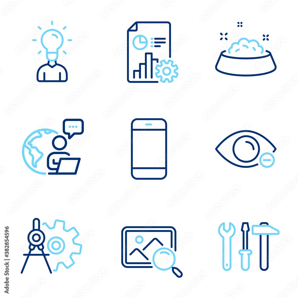 Business icons set. Included icon as Search photo, Myopia, Smartphone signs. Report, Cogwheel dividers, Spanner tool symbols. Education, Dog feeding line icons. Find image, Eye vision. Vector Business icons set. Included icon as Search photo, Myopia, Smartphone signs. Report, Cogwheel dividers, Spanner tool symbols. Education, Dog feeding line icons. Find image, Eye vision. Vector