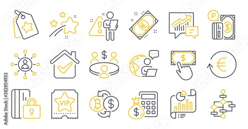 Set of Finance icons, such as Accounting, Blocked card, Parking payment symbols. Report document, Block diagram, Bitcoin exchange signs. Finance calculator, Euro money, Payment click. Vector