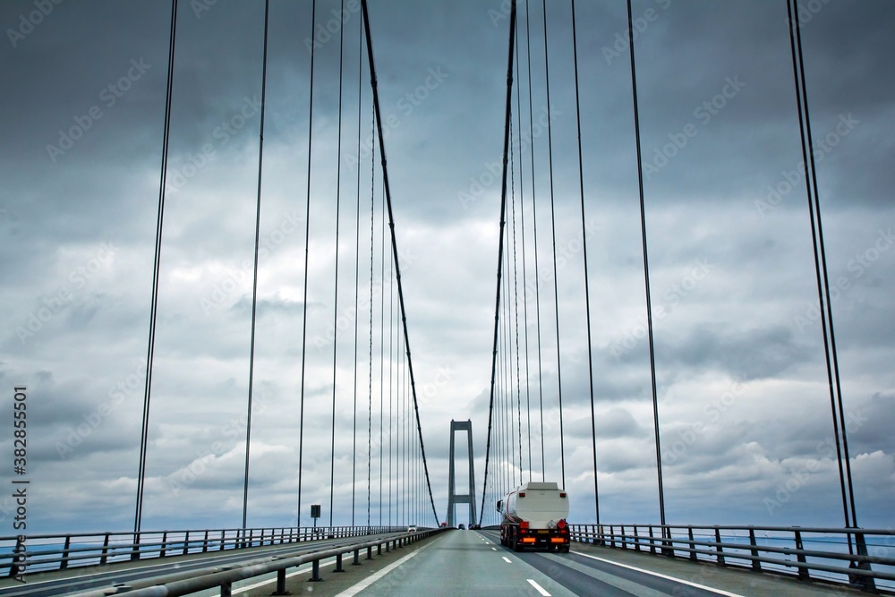 In the middle of the Great Belt Fixed link in a murky weather in Copenhagen, Denmark.