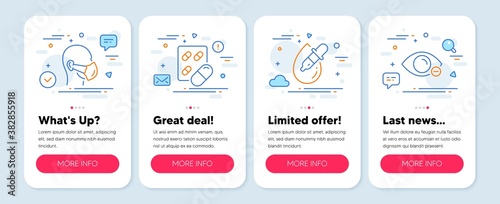 Set of Healthcare icons, such as Medical mask, Capsule pill, Eye drops symbols. Mobile app mockup banners. Myopia line icons. Respirator, Medicine drugs, Pipette. Eye vision. Vector