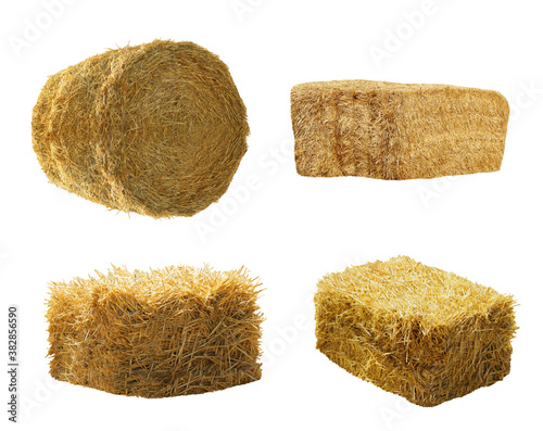 Valokuva Set of hay bales on white background. Agriculture industry