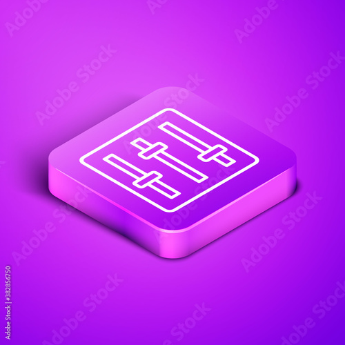 Isometric line Sound mixer controller icon isolated on purple background. Dj equipment slider buttons. Mixing console. Purple square button. Vector.