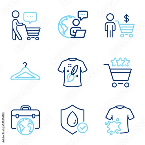 Fashion icons set. Included icon as Dirty t-shirt, Buyer think, Buyer signs. T-shirt design, Shopping rating, Businessman case symbols. Waterproof, Cloakroom line icons. Line icons set. Vector