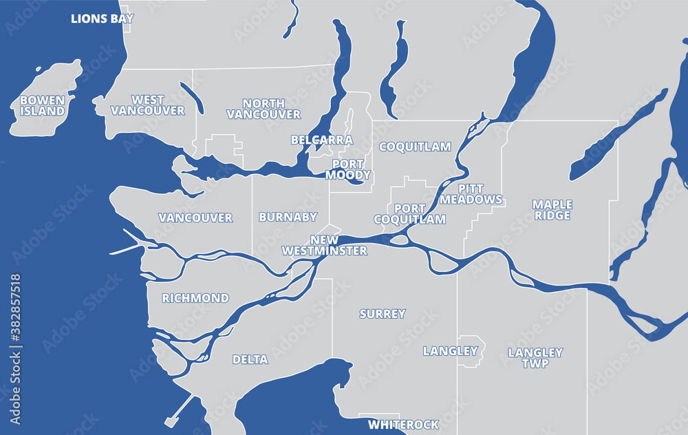 Fototapeta premium Vancouver municipalities vector map. Simplified map of Vancouver and surrounding cities in British Columbia, Canada. Dark blue ocean with grey landmass. Tourism information guide. 