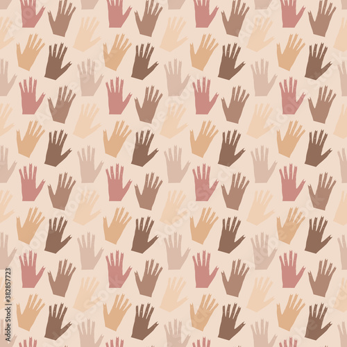 Seamless pattern with hands of different skin colors. Anti racism concept.