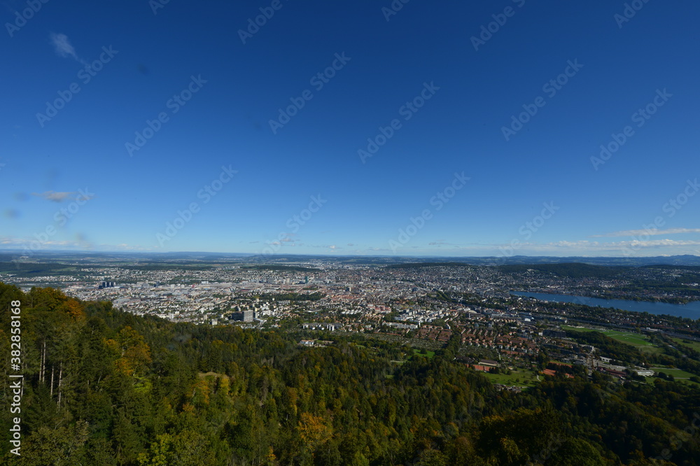 Panorama of Zurich from the Uetliberg in fine weather and blue skies