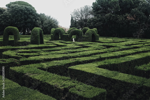 Vista de un jardín botánico con laberinto y una estatua de mujer en su centro