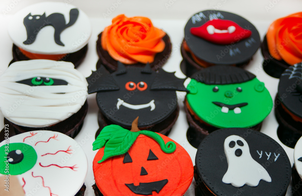 Funny Halloween sweet set treats cupcakes decorated sugar paste. Funny Halloween sweet set treats cupcakes decorated sugar paste.