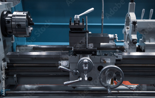 Close-up of lathe machine in industrial factory