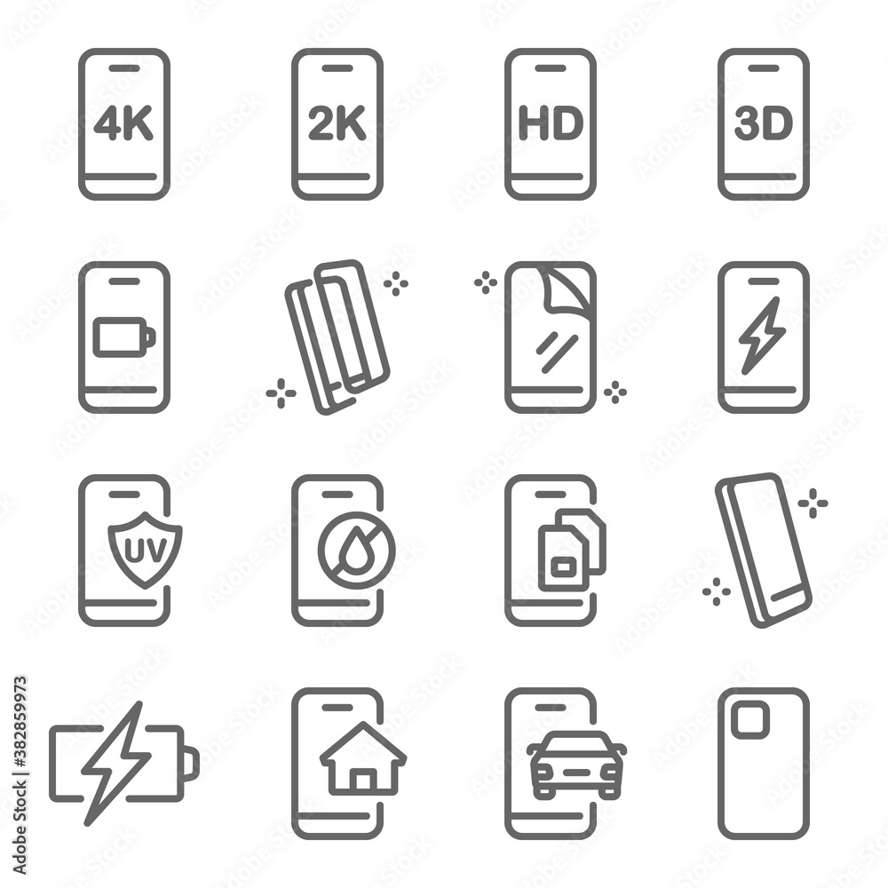 Smartphone Mobile device icon illustration vector set. Contains such icon as Fast Charge, Multi sim, Screen shield, Tempered glass, Waterproof, Charger, and more. Expanded Stroke