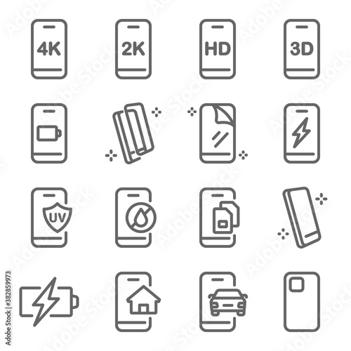 Smartphone Mobile device icon illustration vector set. Contains such icon as Fast Charge, Multi sim, Screen shield, Tempered glass, Waterproof, Charger, and more. Expanded Stroke