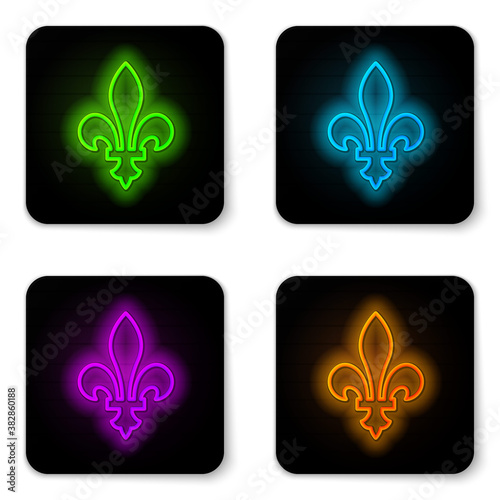 Glowing neon line Fleur De Lys icon isolated on white background. Black square button. Vector.