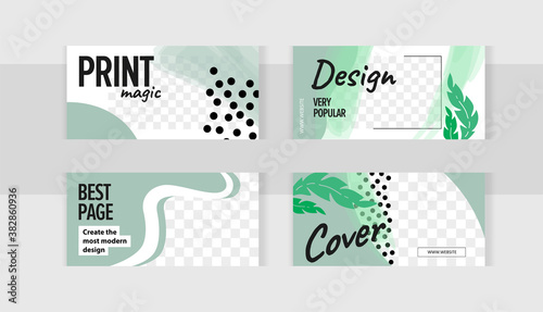 Tropical delicate green design with plant leaves. Trendy editable set horizontal banner with photo frame.