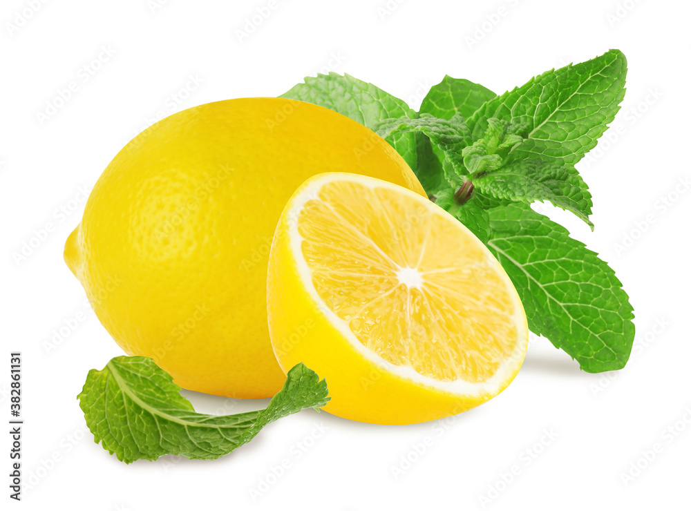 Fresh lemons and green mint leaves on white background Fresh lemons and green mint leaves on white background