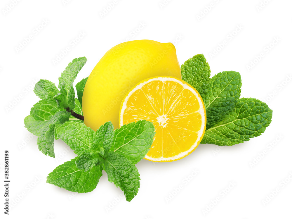 Fresh lemons and green mint leaves on white background Fresh lemons and green mint leaves on white background