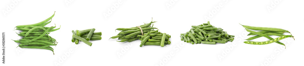 Set of fresh green beans on white background. Banner design Set of fresh green beans on white background. Banner design