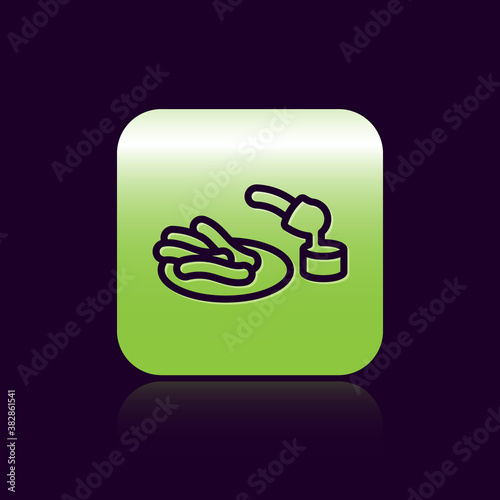 Black line Churros and chocolate icon isolated on black background. Traditional national Spain dessert, European street food. Green square button. Vector.