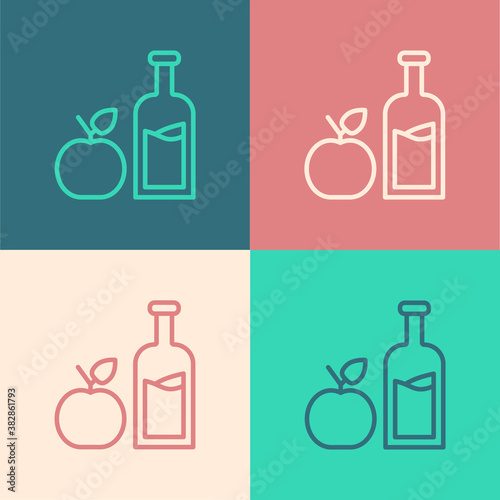 Pop art line Apple cider bottle icon isolated on color background. Beverage glass bottle. Vector.