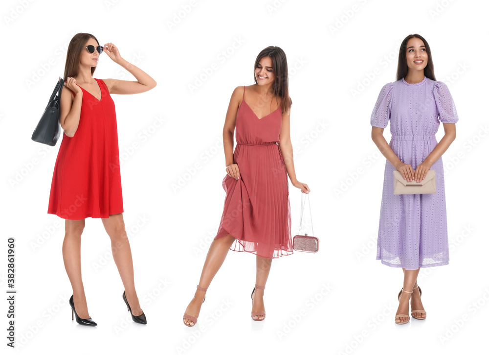 Collage with photos of women wearing different dresses on white background Collage with photos of women wearing different dresses on white background
