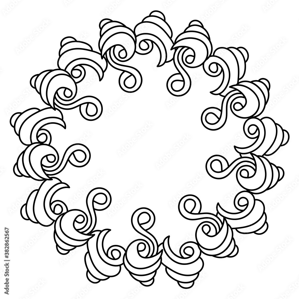 Round hand-drawn decorative element. Mandala with seashells and swirls. Decor or coloring book for children and adults. Vector illustration Round hand-drawn decorative element. Mandala with seashells and swirls. Decor or coloring book for children and adults. Vector illustration