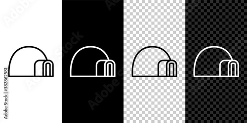 Set line Igloo ice house icon isolated on black and white background. Snow home, Eskimo dome-shaped hut winter shelter, made of blocks. Vector.