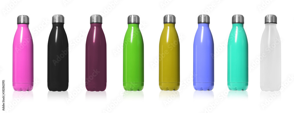 Set of modern thermos bottles in different colors on white background. Banner design Set of modern thermos bottles in different colors on white background. Banner design