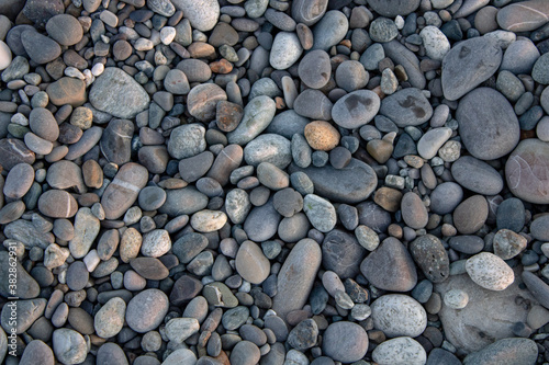 Beautiful pebbles on the Black Sea coast in Sochi in the morning sun.