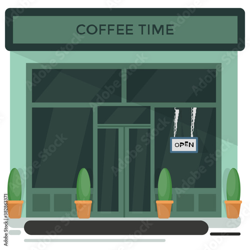 
Coffee time illustration with cafe building 
