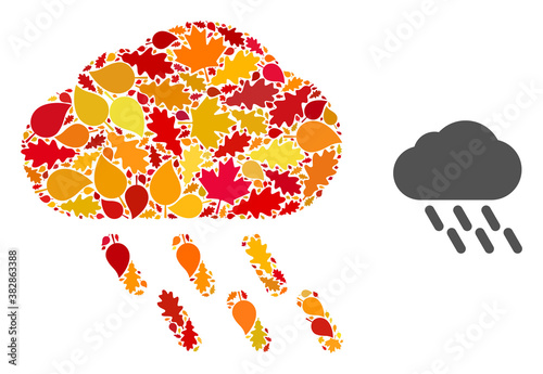 Rain mosaic icon done for fall season. Vector rain mosaic is done with random fall maple and oak leaves. Mosaic autumn leaves in bright gold, brown and red colors.