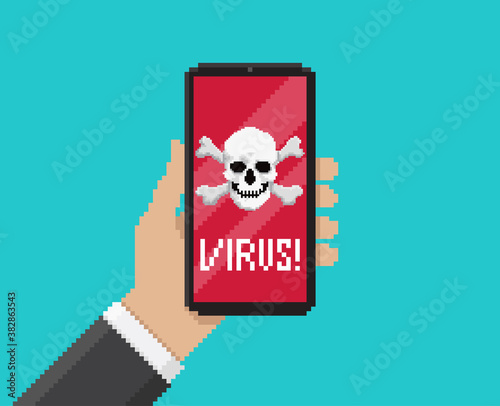 Pixel art, vector illustration of hand holding mobile with virus notification on screen