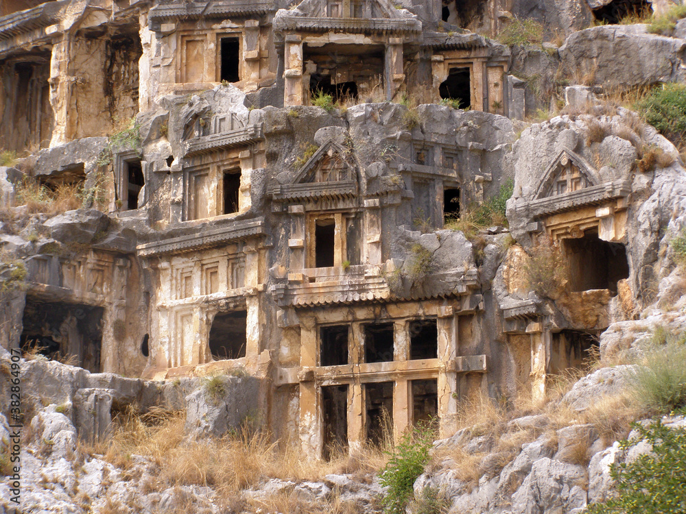 Famous ruins of Lycian tombs in Turkey