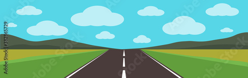 Road to nature background vector illustration. Street with field, hills and cloud. Empty highway in the countryside. Asphalt highway with markings. Beautiful nature landscape.