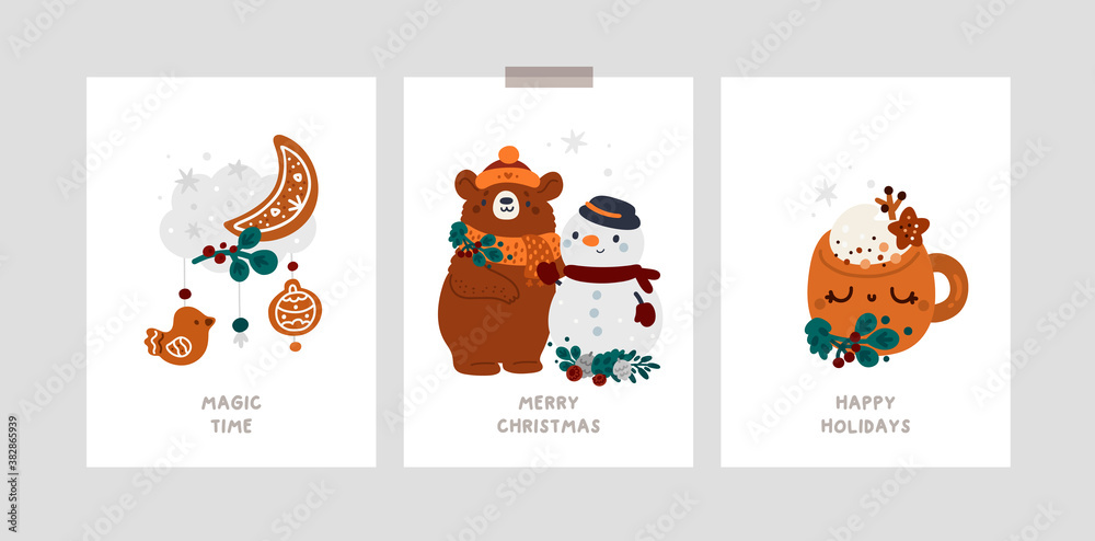Fototapeta premium Happy new year or Merry Christmas poster, room decoration. Festive xmas greeting cards with cute cartoon characters. Baby Christmas Holiday milestone cards with cute bear, winter decoration