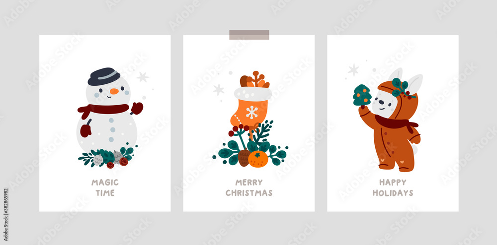 Happy new year or Merry Christmas greeting cards with cute cartoon characters: snowman, bunny and cozy winter accessories. Baby Christmas Holiday milestone cards with cute bear, winter decoration