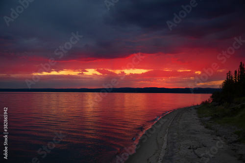 Beautiful sunset on St-Lawrence river in Quebec in Canada