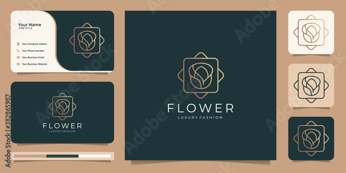 logo Minimalist elegant flower rose luxury beauty salon, fashion, skin care, cosmetic, yoga and spa products with business card.Premium Vector