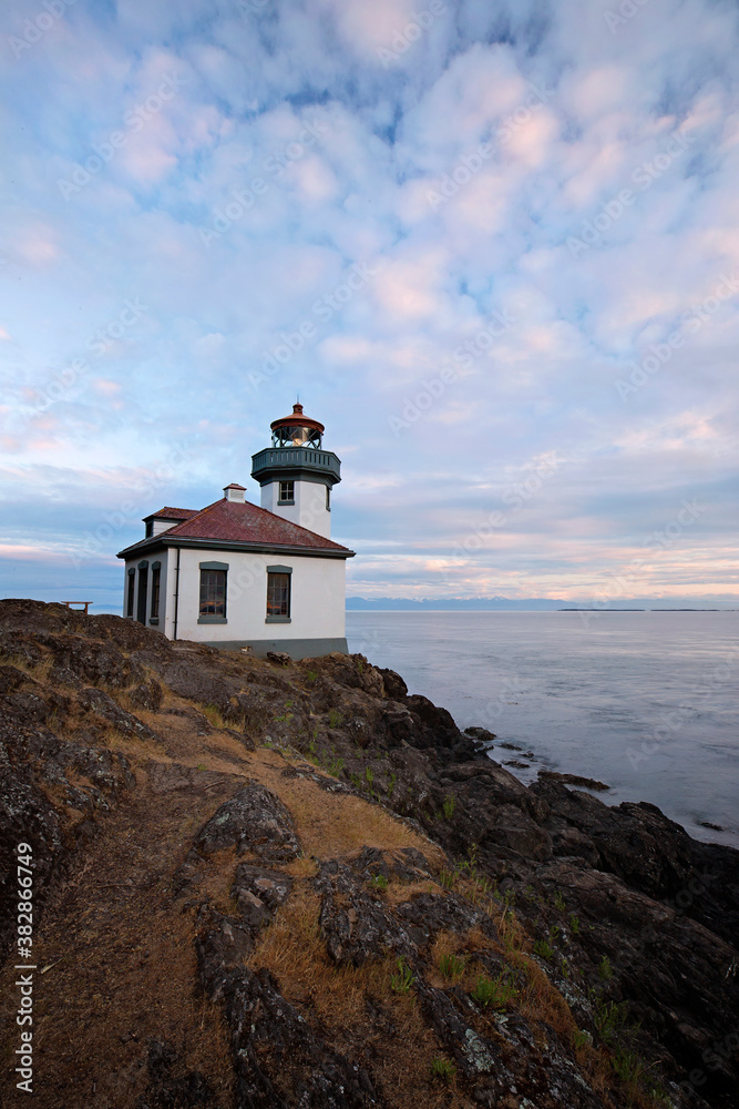 Lime Kiln lighthouse along the rocky shoreline of San Juan Island, Washington State