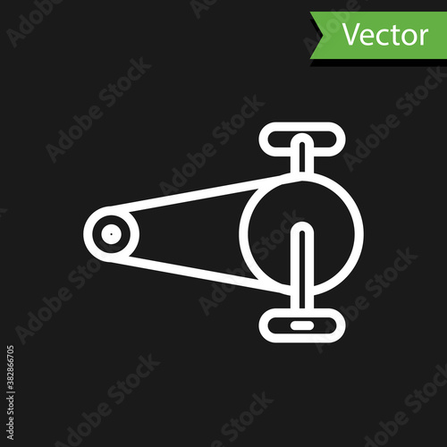 White line Bicycle chain with cogwheels icon isolated on black background. Bike chain sprocket transmission. Vector.