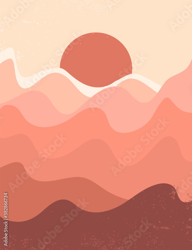 Abstract contemporary aesthetic background with landscape, desert, mountains, sun. Earth tones, terracotta colors. Modern print, minimalist art. Boho wall decor