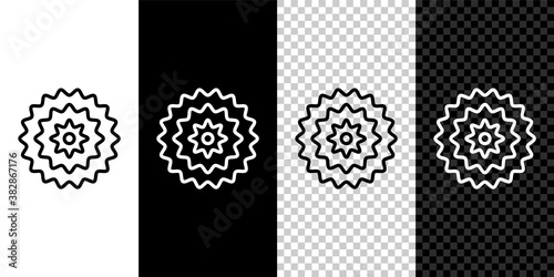 Set line Bicycle cassette mountain bike icon isolated on black and white background. Rear Bicycle Sprocket. Chainring crankset with chain. Vector.
