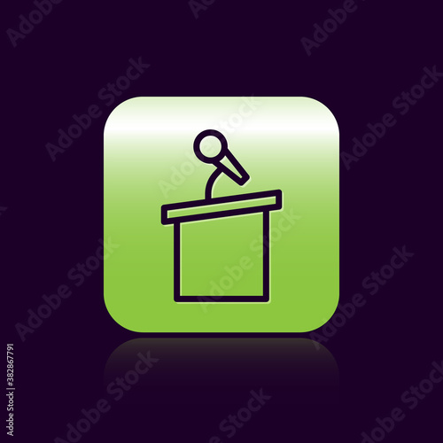 Black line Stage stand or debate podium rostrum icon isolated on black background. Conference speech tribune. Green square button. Vector.