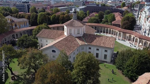 Europe, Italy , Milan October 2020 - Drone aerial view of The Rotonda della Besana monument church in downtown of the city photo