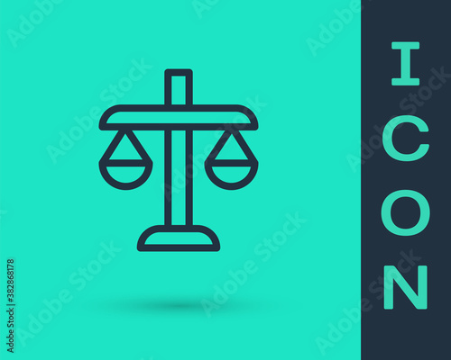 Black line Scales of justice icon isolated on green background. Court of law symbol. Balance scale sign. Vector.