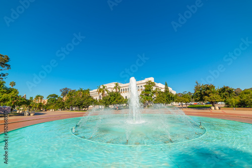 Fountain in Balboa park under a blue sky