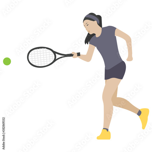 
Girl avatar doing sports, tennis playing flat icon 
