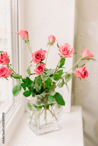 Small  bouquet of pink roses in glass vase by the window. 